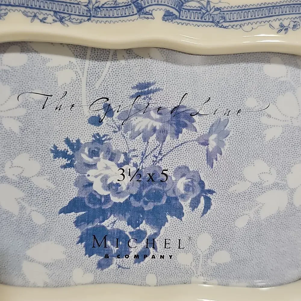 Michel & Co Ceramic Picture Frame Scallop Edge Blue Floral Toile Shabby Chic